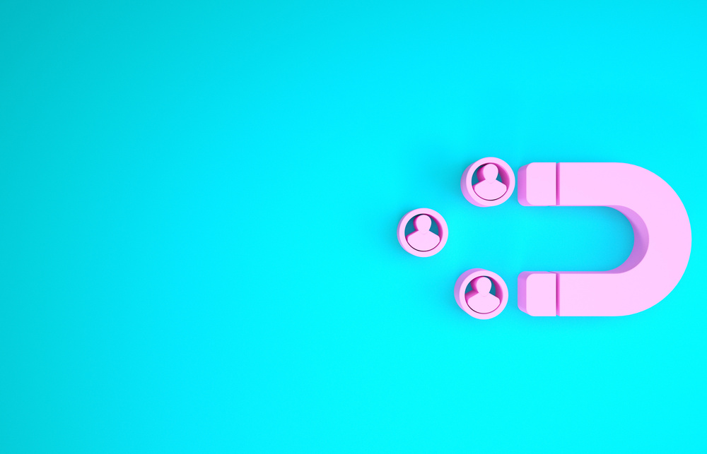 Pink Customer Attracting Icon Isolated on Blue Background. Customer Retention, Support and Service. Customer People Attracting with Magnet. Minimalism Concept. 3D Illustration 3D Render